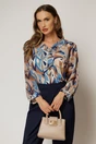 Bluza eleganta  cu imprimeuri maro si albastre cu brosa la decolteu, 1, dyfashion.ro