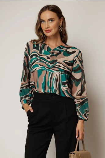 Bluza eleganta  cu imprimeuri maro si verzi cu brosa la decolteu