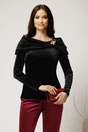 Bluza eleganta din catifea neagra cu brosa la decolteu, 1, dyfashion.ro