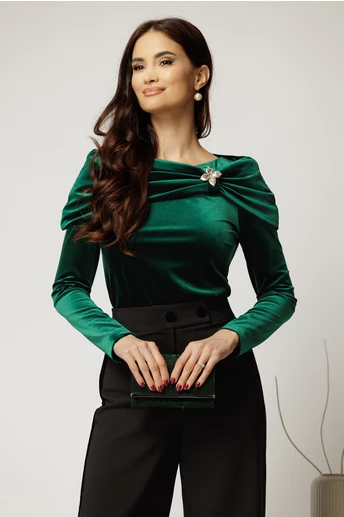 Bluza eleganta din catifea verde cu brosa la decolteu