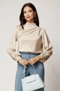 Bluza eleganta din satin bej cu perle si pliuri pe umar, 1, dyfashion.ro