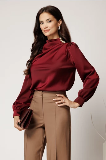 Bluza eleganta din satin bordo cu perle si pliuri pe umar