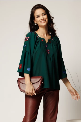 Bluza eleganta din viscoza verde cu broderie traditionala