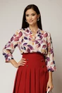 Bluza eleganta din voal cu imprimeuri mov cu volanas si brosa la decolteu, 1, dyfashion.ro