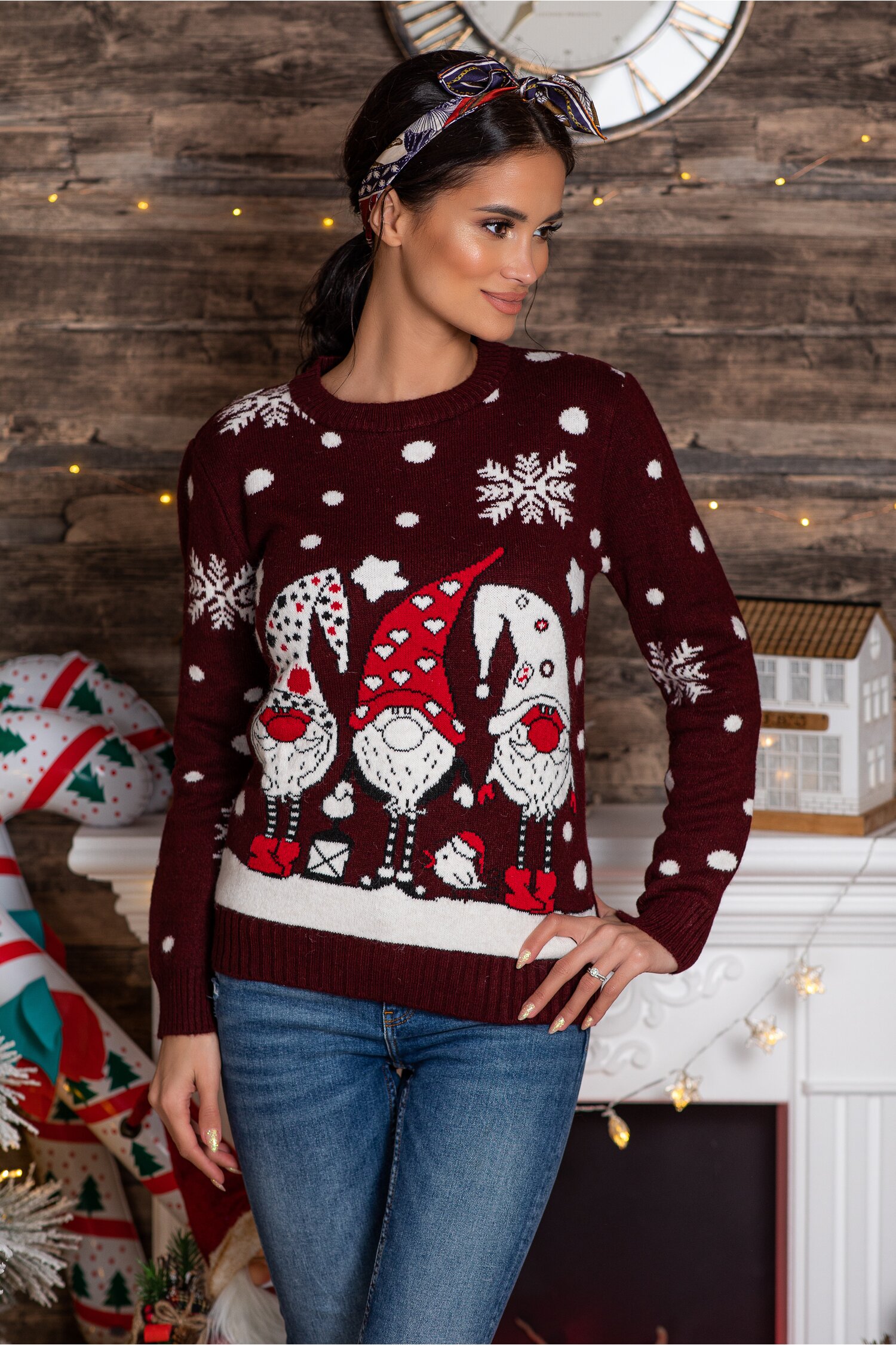Bluza elfs bordo cu imprimeu de iarna
