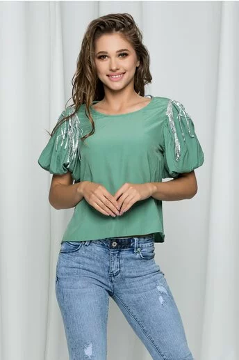 Bluza Elisa verde cu maneci bufante accesorizata cu paiete