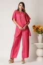 Bluza fucsia din viscoza cu croi lejer si aspect petrecut asimetric, 3, dyfashion.ro