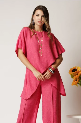 Bluza fucsia din viscoza cu croi lejer si aspect petrecut asimetric