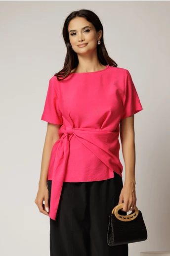 Bluza fucsia din viscoza cu nod in talie si croi lejer si maneci scurte