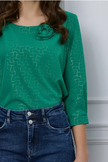 Bluza Gabi verde cu imprimeu auriu si floare 3D