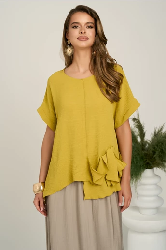 Bluza galben mustar din viscoza oversized cu funda in talie