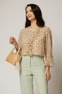 Bluza galben pai cu imprimeuri florale fucsia si volanas la decolteu, 1, dyfashion.ro