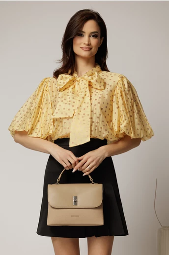 Bluza galbena cu buline din tencel cu maneci bufante si guler funda