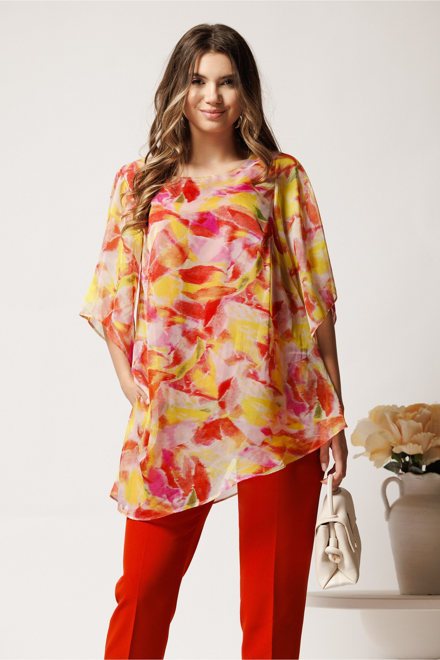 Bluza galbena din voal oversized cu imprimeu corai- Viada