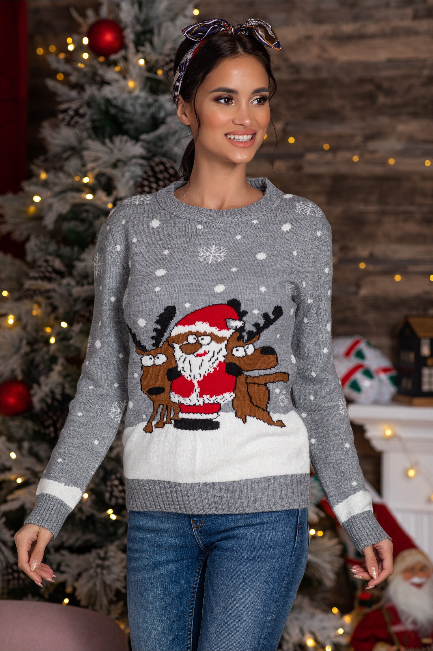 Bluza holiday gri cu imprimeu de iarna