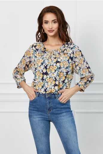 Bluza Isabela bleumarin cu imprimeu floral galben