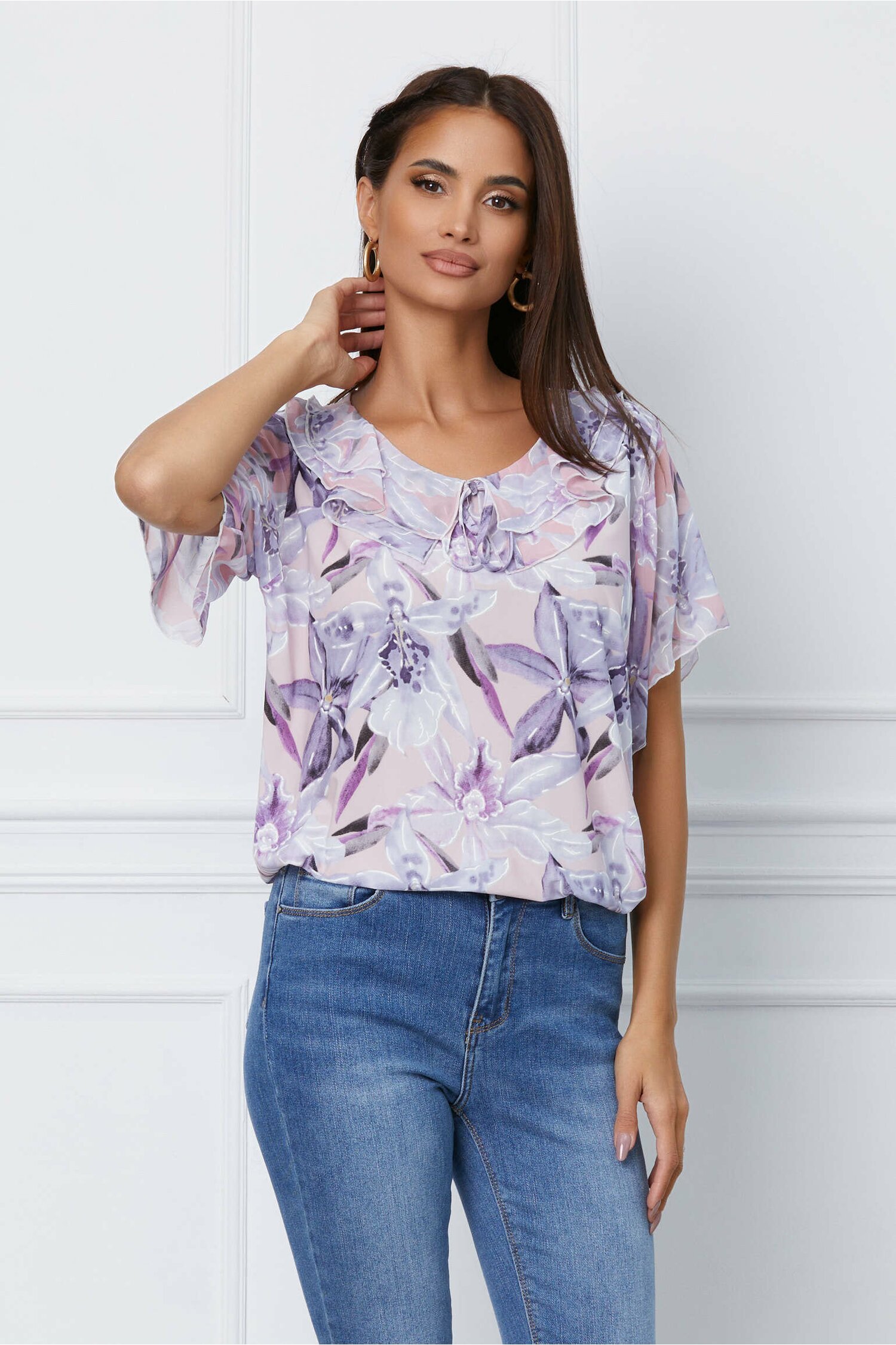 Bluza Isabela roz cu imprimeuri florale lila