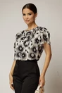 Bluza ivoar cu flori gri din viscoza cu funda la decolteu si volanas, 1, dyfashion.ro