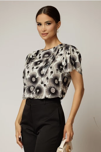 Bluza ivoar cu flori gri din viscoza cu funda la decolteu si volanas