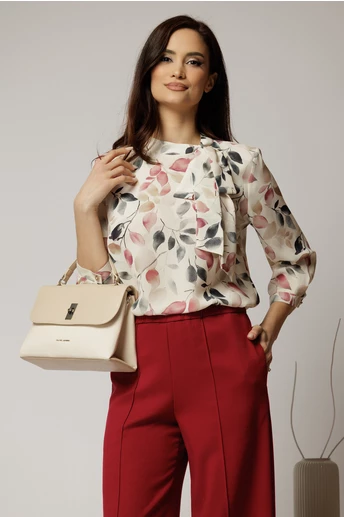 Bluza ivoar cu funda la decolteu si imprimeu in nuante de grena