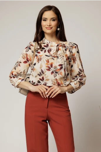 Bluza ivoar cu funda la decolteu si imprimeu in nuante de maro