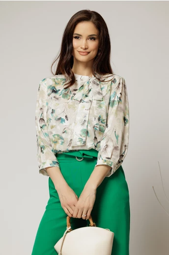 Bluza ivoar cu funda la decolteu si imprimeu in nuante de verde gri