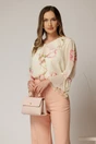 Bluza ivoar cu imprimeuri florale roz si volanas la decolteu, 1, dyfashion.ro