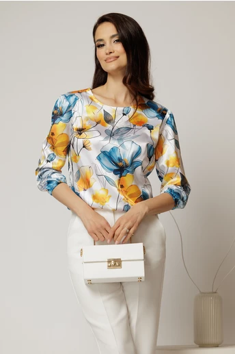 Bluza ivoar din satin cu imprimeuri galben bleu