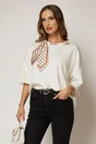 Bluza ivoire cu esarfa cu buline la decolteu si adaos de vascoza, 1, dyfashion.ro