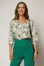 Bluza ivoire cu imprimeu turcoaz cu volanas la bust, 1, dyfashion.ro