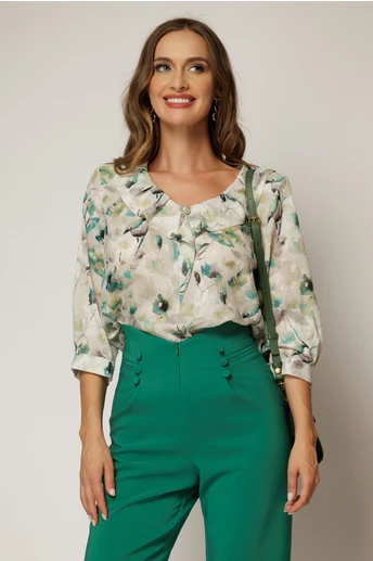 Bluza ivoire cu imprimeu turcoaz cu volanas la bust