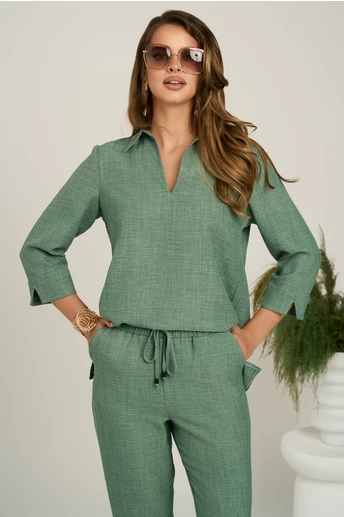Bluza kaki vaporoasa din viscoza cu croi lejer si guler ascutit