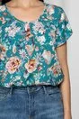 Bluza LaDonna turcoaz cu imprimeu floral si design cu pliuri la bust
