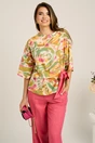 Bluza lejera cu imprimeu fucsia-galben din viscoza cu funda in talie- Viada, 1, dyfashion.ro