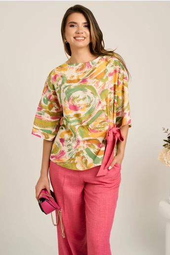 Bluza lejera cu imprimeu fucsia-galben din viscoza cu funda in talie- Viada