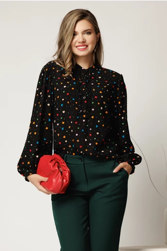 Bluza lejera neagra cu picatele colorate din viscoza cu nasturi pe bust