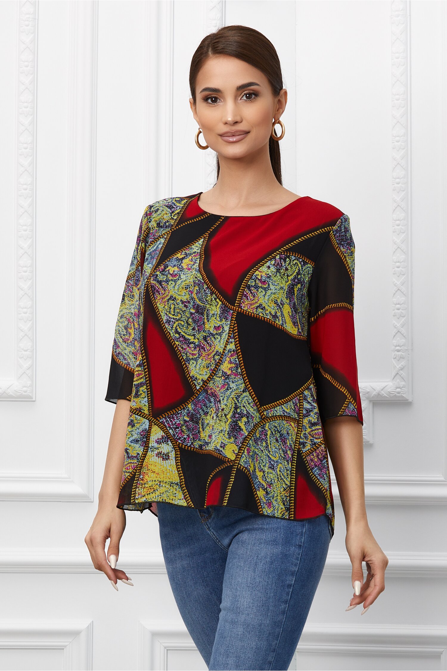 Bluza liana negru cu rosu si imprimeu colorat