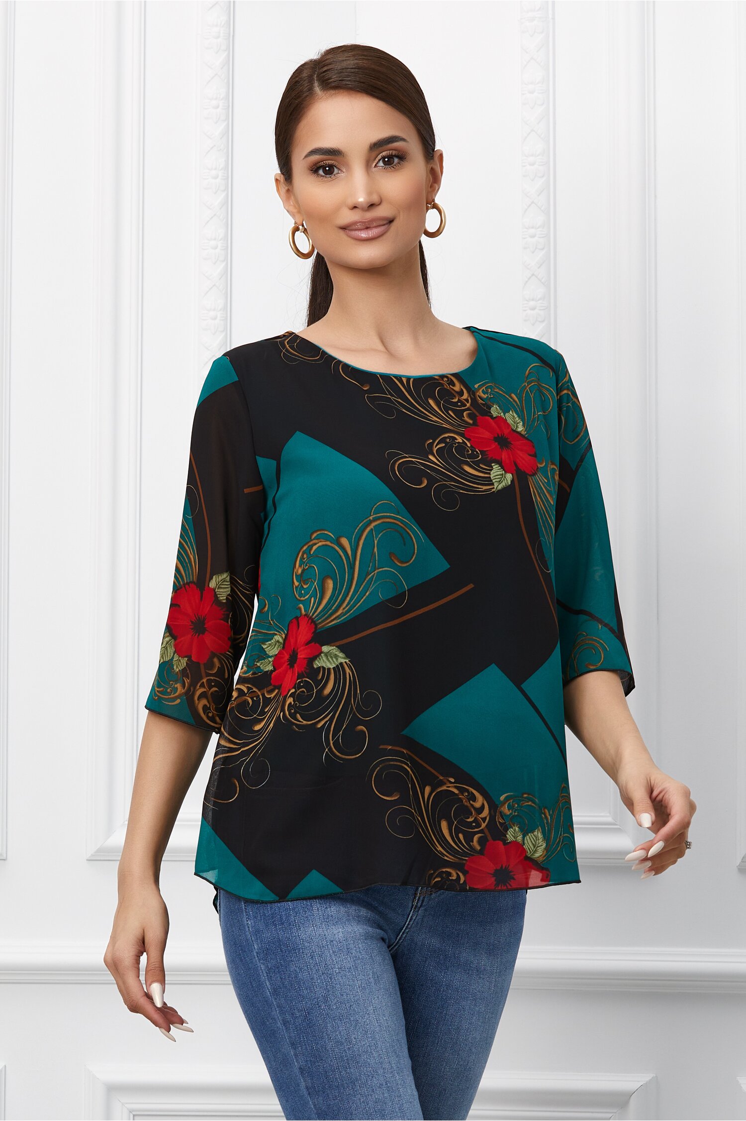 Bluza liana negru cu verde si imprimeu floral