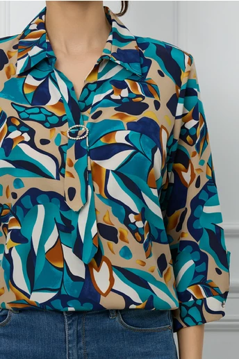 Bluza Lidia turcoaz cu imprimeu maro si aplicatie tip cravata