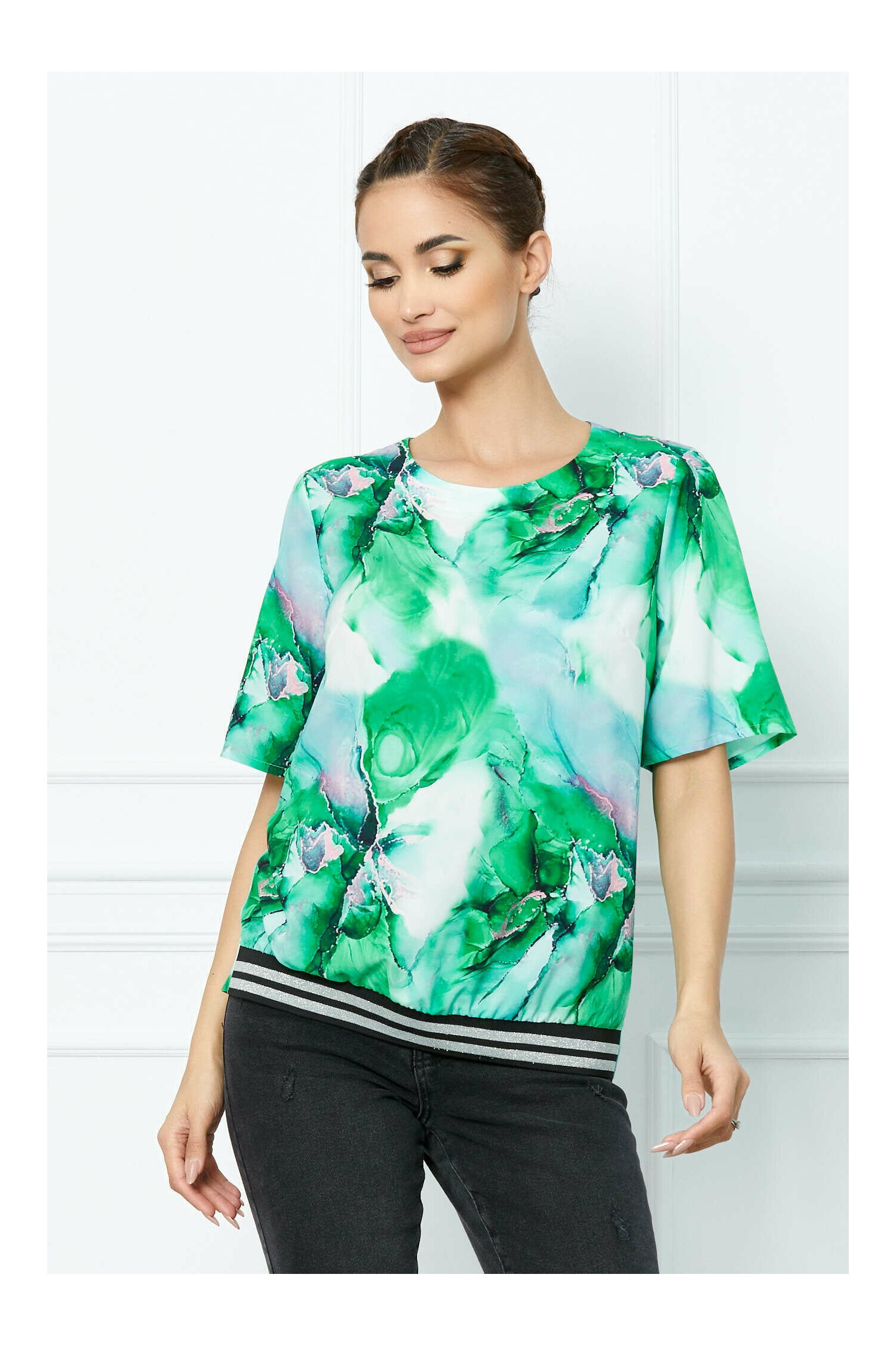 Bluza Livia cu imprimeu verde-turcoaz si banda elastica la baza 2023 ❤️ Pret Super dyfashion imagine noua 2022