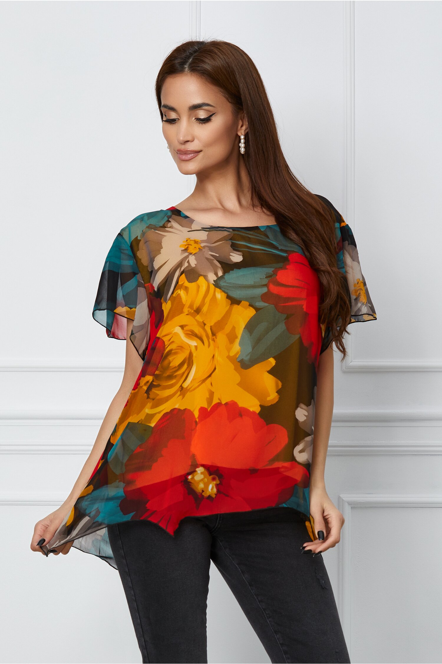 Bluza Luana cu imprimeu floral galben-rosu 2023 ❤️ Pret Super dyfashion imagine noua 2022
