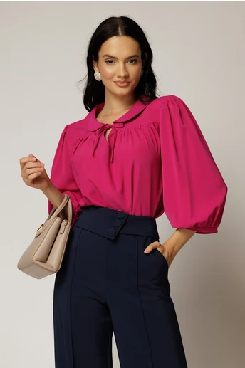 Bluza magenta cu guler rotund si snur la gat