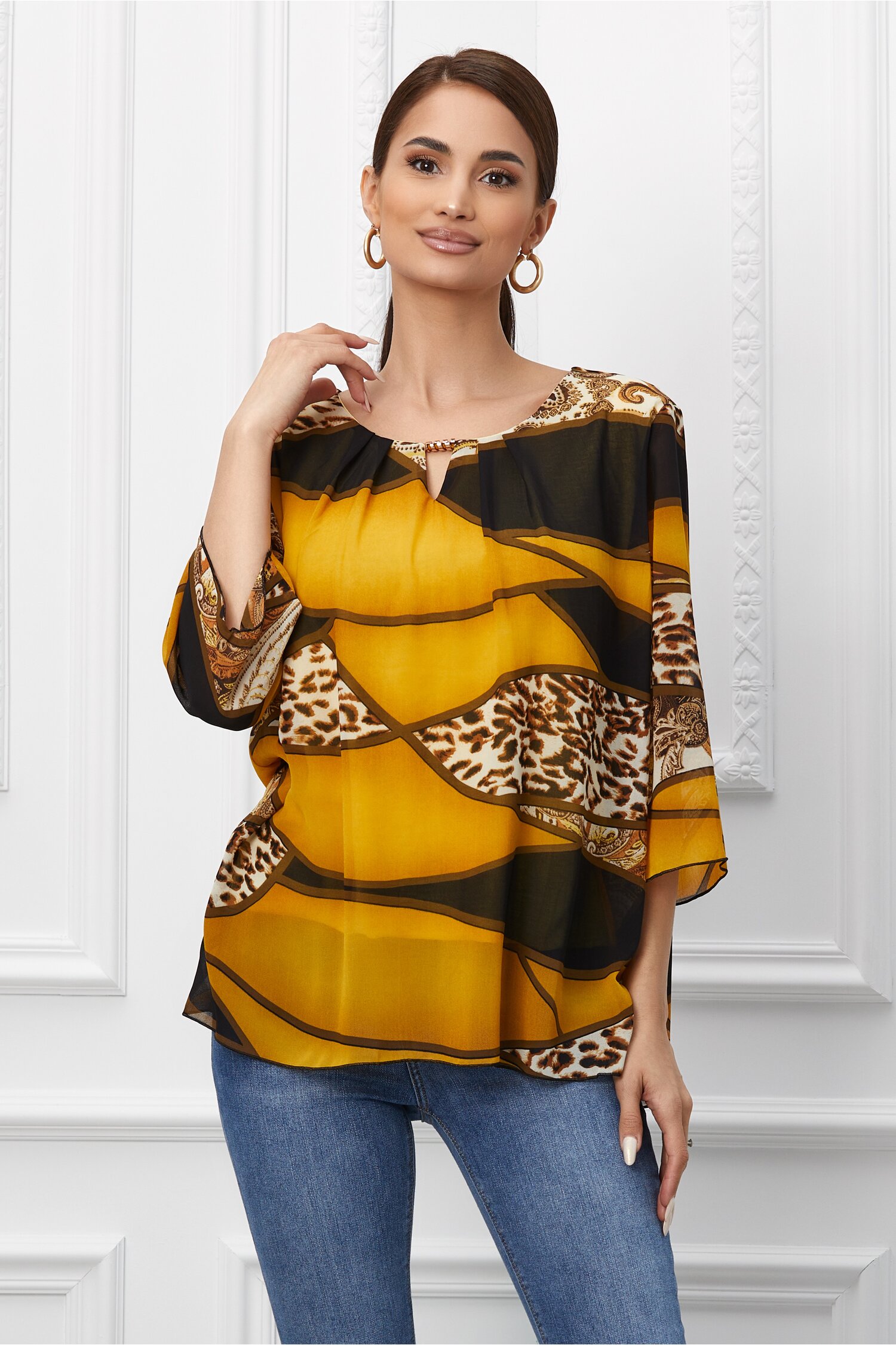 Bluza maria galben mustar cu imprimeu animal print