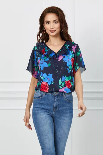 Bluza Marica bleumarin cu imprimeu floral colorat