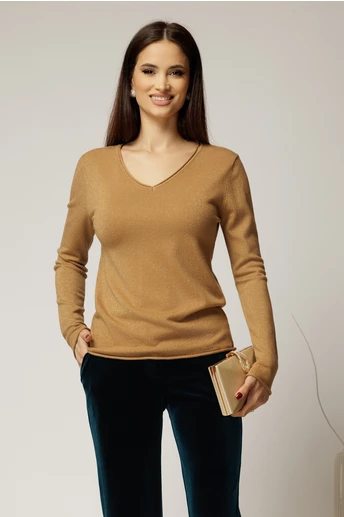 Bluza maro camel din tricot cu decolteu in V si fir lurex
