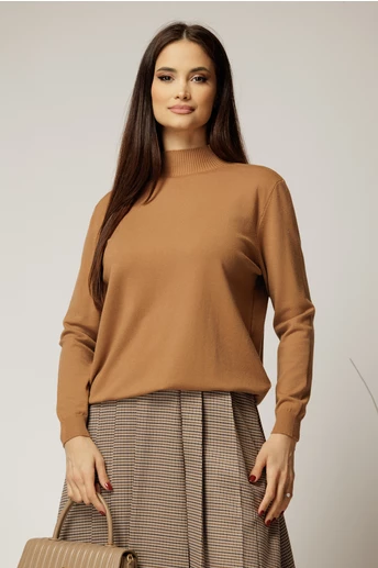 Bluza maro camel din tricot cu maneca lunga si croi lejer