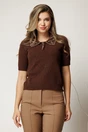 Bluza maro din tricot cu maneci scurte si strasuri pe guler, 1, dyfashion.ro