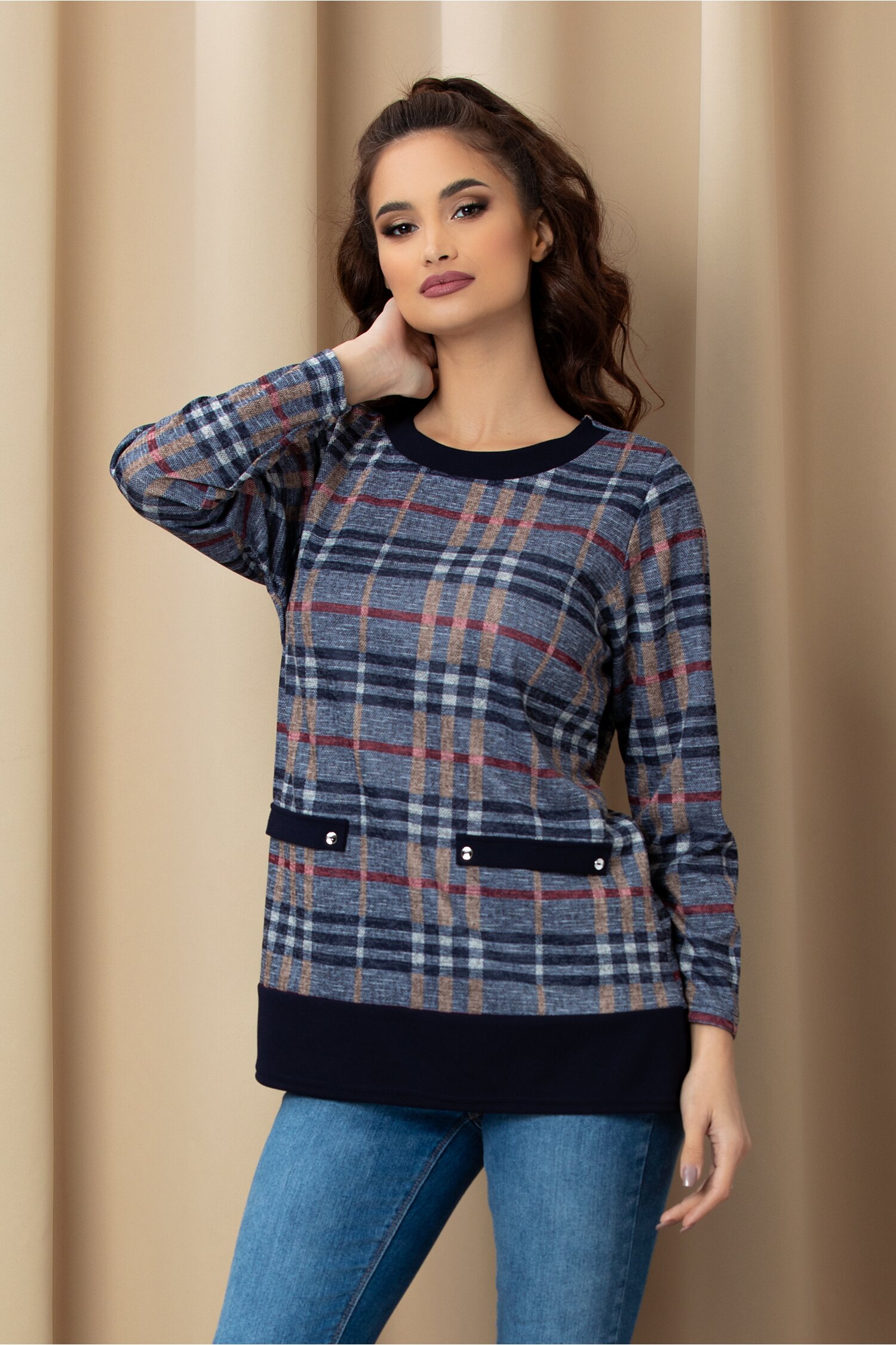 Bluza miruna gri cu imprimeu carouri