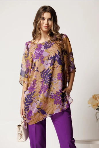 Bluza mov din voal oversized cu imprimeu galben- Viada
