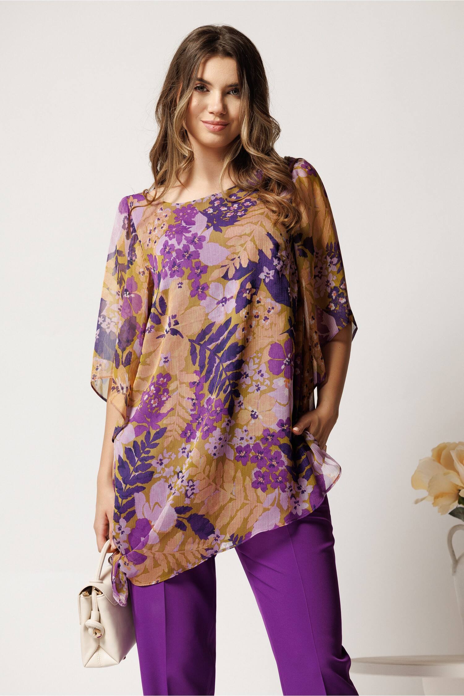 Bluza mov din voal oversized cu imprimeu galben- Viada